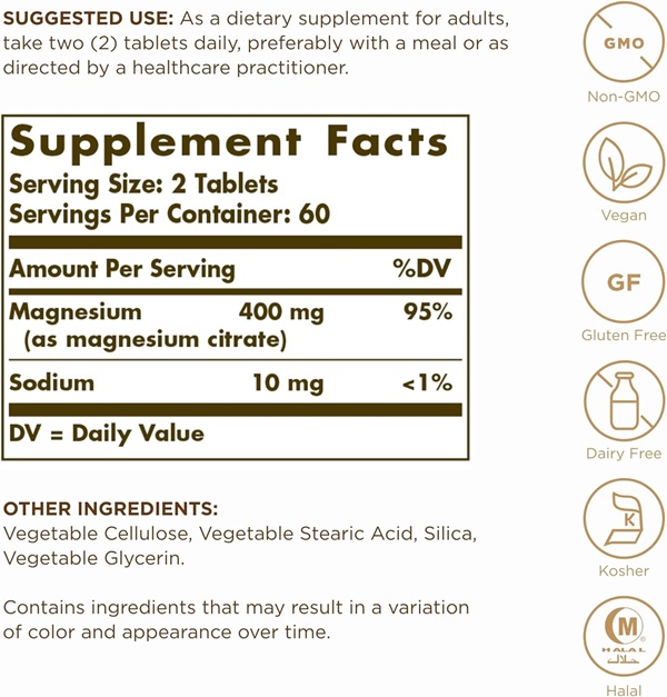 솔가 마그네슘 시트레이트(120정), Solgar Magnesium Citrate 400mg 120tabs